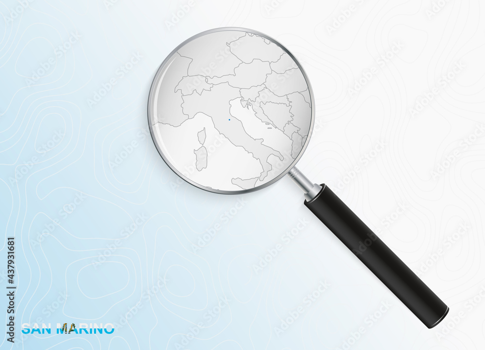 Magnifier with map of San Marino on abstract topographic background. Magnifier with map of San Marino on abstract topographic background.