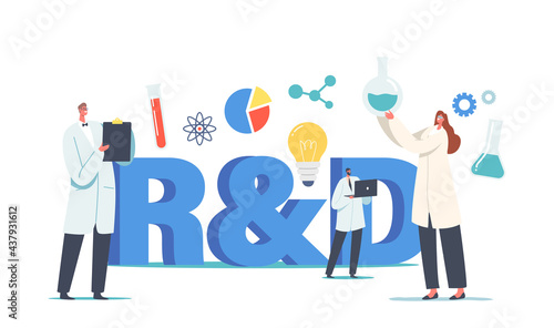 R&D, Laboratory Research and Development. Medicine Technology Investigations, Scientists Characters Working in Lab