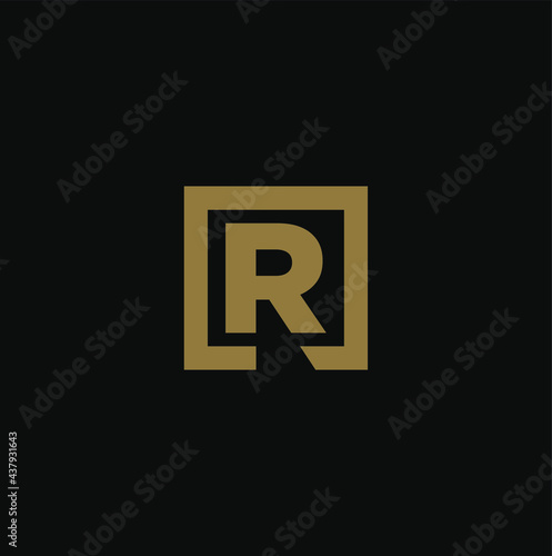 Golden "R" letter monogram with cut square. R letter logo. 