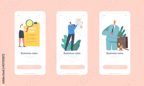 Business News Mobile App Page Onboard Screen Template. Characters Read Corporate Compliance Rules, Culture and Policies