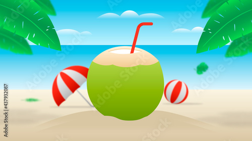 Summer beach with coconut drink, balloon and umbrella. Background Illustration.