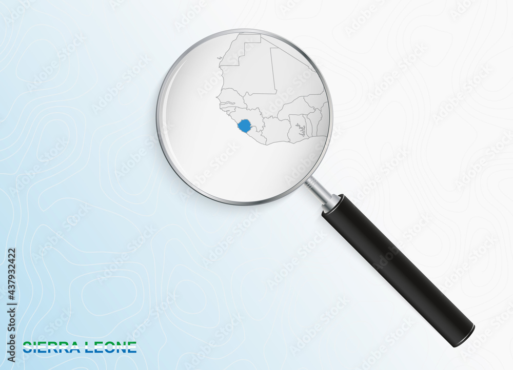 Magnifier with map of Sierra Leone on abstract topographic background.