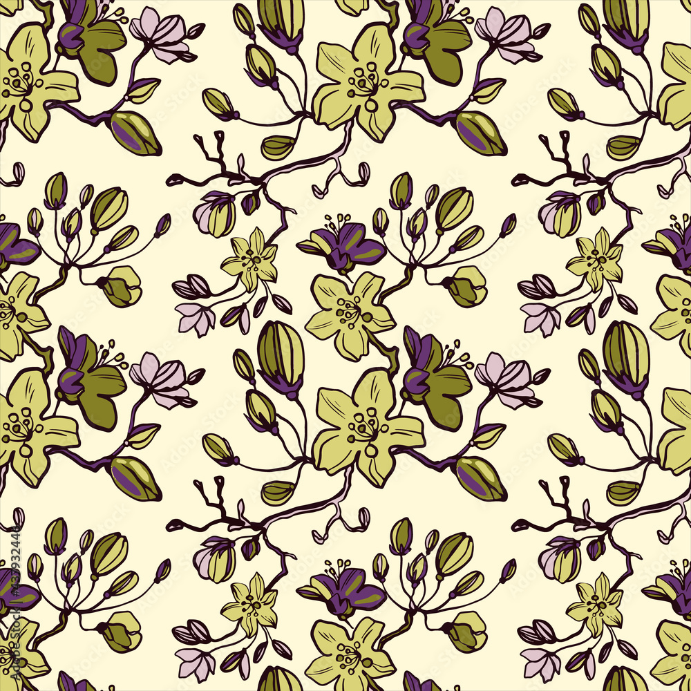 Flowering branches of cherries, apples, pears, buds, leaves. Line drawn floral seamless pattern on a light background. Trendy botanical bouquet of flowers. Fashionable foliage vector print.