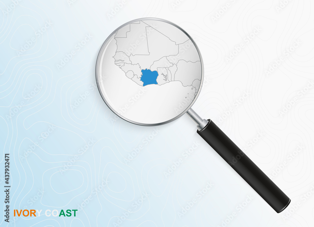 Magnifier with map of Ivory Coast on abstract topographic background. Magnifier with map of Ivory Coast on abstract topographic background.