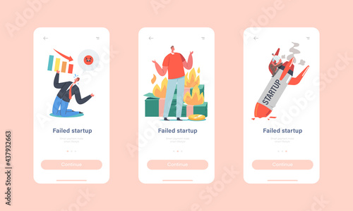 Startup Fail, Business Failure Mobile App Page Onboard Screen Template. Businesspeople at Burning Start up Rocket