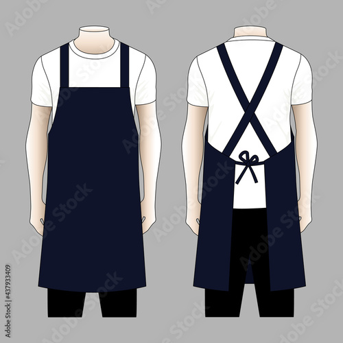 Blank Navy Blue Apron Template on a Gray Background. Front and Back Views, Vector File.
