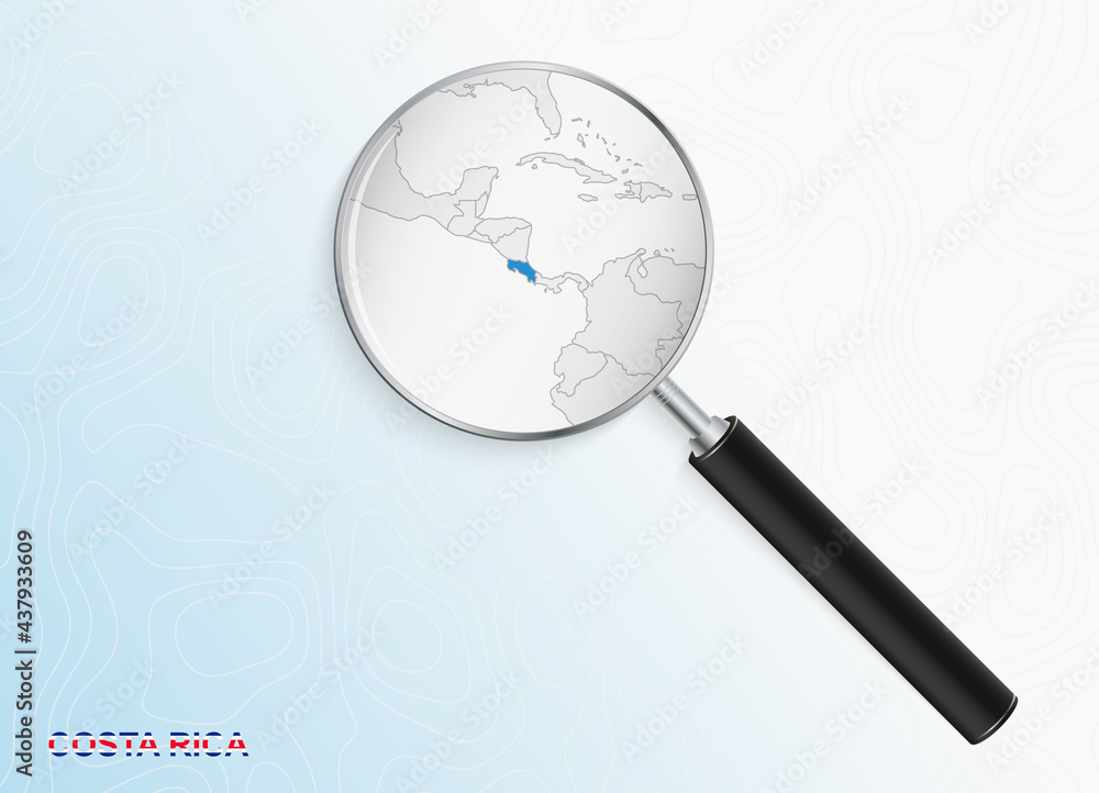 Magnifier with map of Costa Rica on abstract topographic background. Magnifier with map of Costa Rica on abstract topographic background.