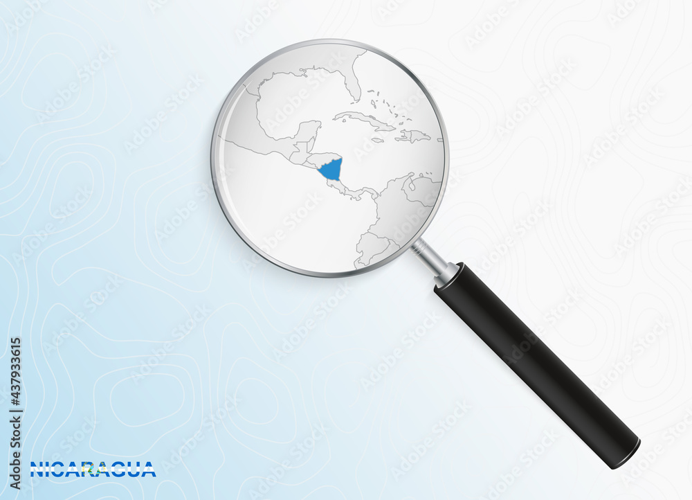 Magnifier with map of Nicaragua on abstract topographic background. Magnifier with map of Nicaragua on abstract topographic background.