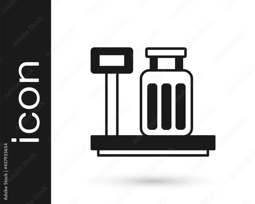 Black Scale with suitcase icon isolated on white background. Logistic and delivery. Weight of delivery package on a scale. Vector Black Scale with suitcase icon isolated on white background. Logistic and delivery. Weight of delivery package on a scale. Vector