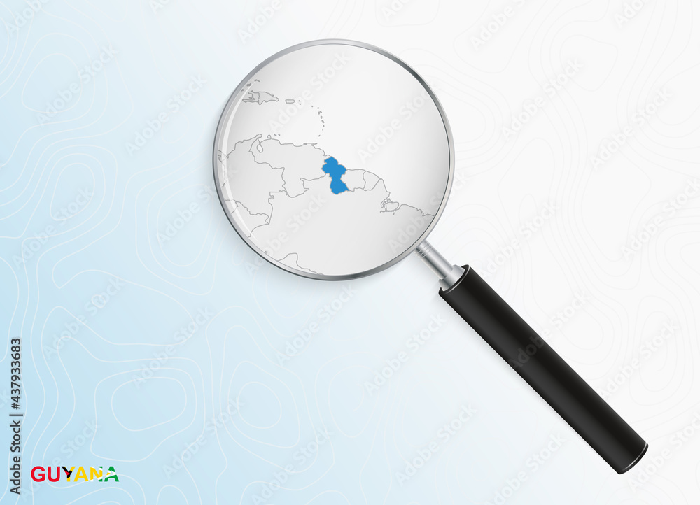 Magnifier with map of Guyana on abstract topographic background. Magnifier with map of Guyana on abstract topographic background.