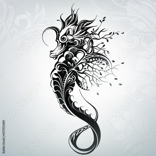 Seahorse in floral ornament. Vector illustration