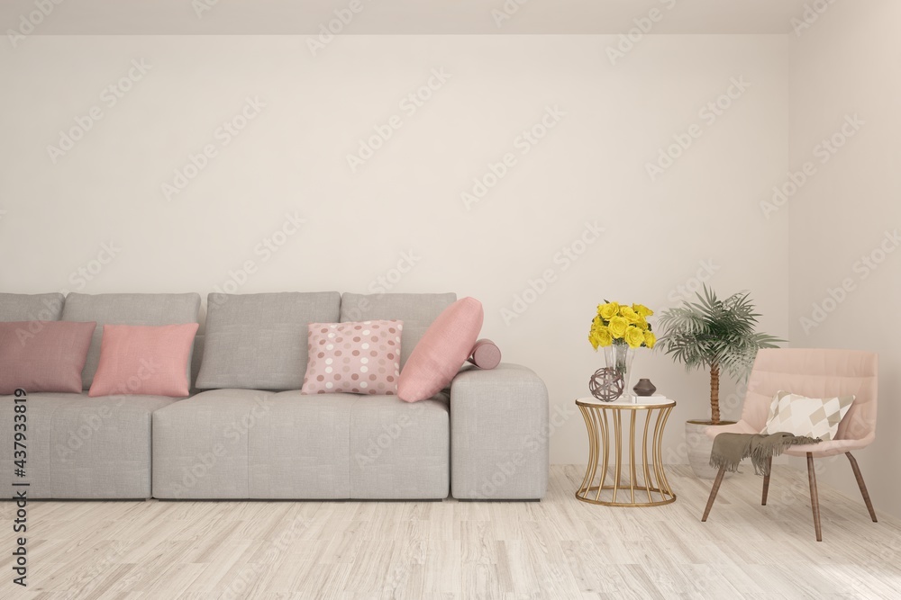 Fototapeta premium White living room with sofa. Scandinavian interior design. 3D illustration