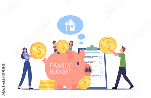 People Earn and Save Money, Universal Basic Income, Wealth, Family Budget Savings Concept. Characters Collect Coins