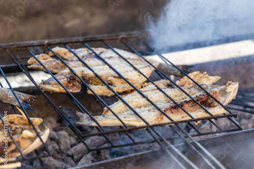 Delicious sea bass and golden fish barbecued on the charcoal photo