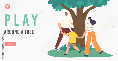 Mother, Father and Child Happy Family Characters Dance around Tree Landing Page Template. Love Tree, Togetherness