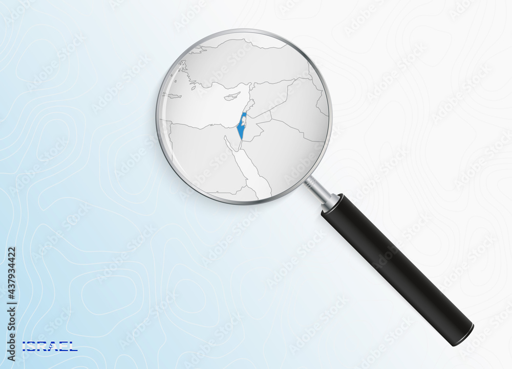 Magnifier with map of Israel on abstract topographic background. Magnifier with map of Israel on abstract topographic background.