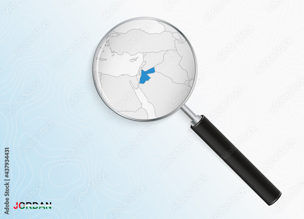 Magnifier with map of Jordan on abstract topographic background. Magnifier with map of Jordan on abstract topographic background.