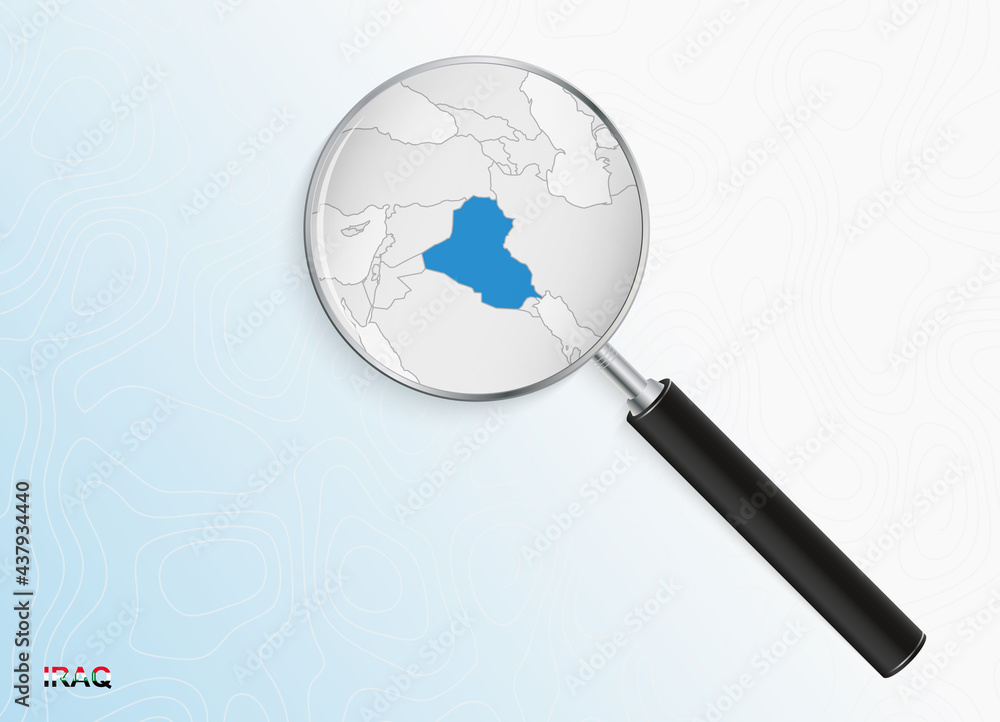 Magnifier with map of Iraq on abstract topographic background. Magnifier with map of Iraq on abstract topographic background.