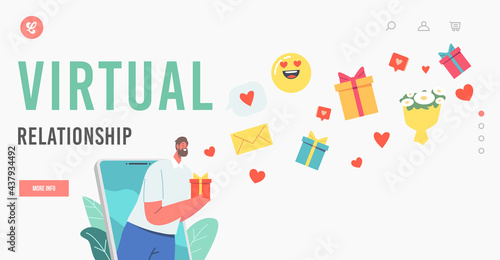 Virtual Relationship Landing Page Template. Online Date, Tiny Male Character on Huge Smartphone Screen Holding Gift Box