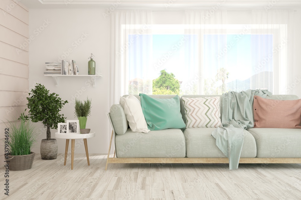 Fototapeta premium White living room with sofa. Scandinavian interior design. 3D illustration