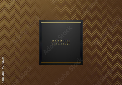 Dark gold luxury banner. Black square label frame with golden thin line. Bronze geometric zigzag pattern background. Vector illustration