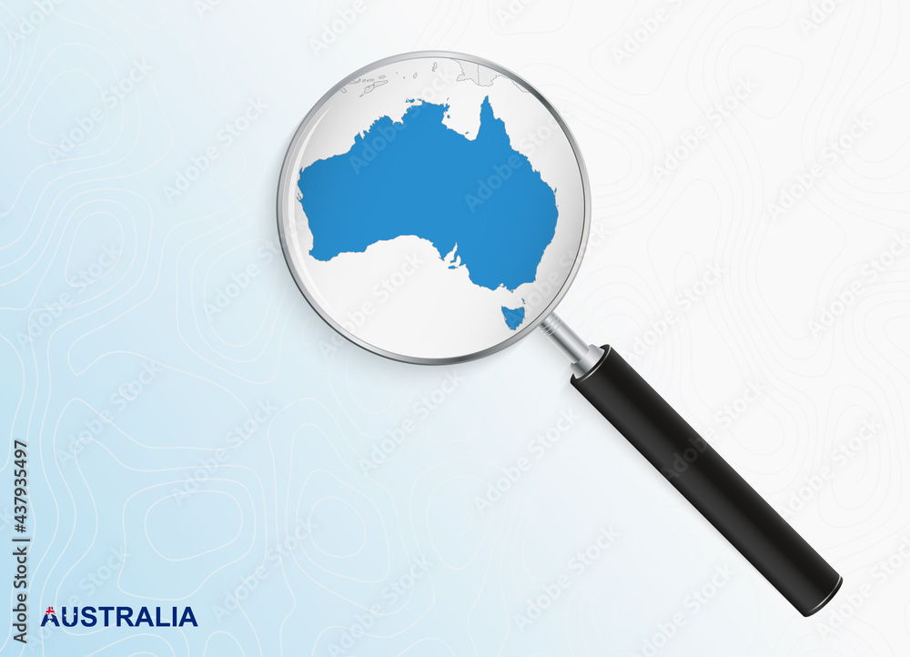 Magnifier with map of Australia on abstract topographic background.