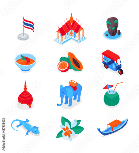 Thai symbols - modern colorful isometric icons set