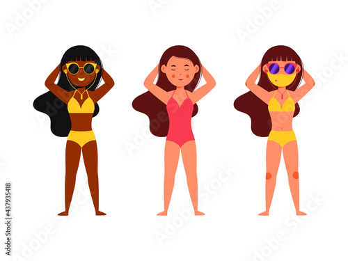 Set of three girls relaxation in summer holidays wearing swimsuit and sunglasses. Vector illustration