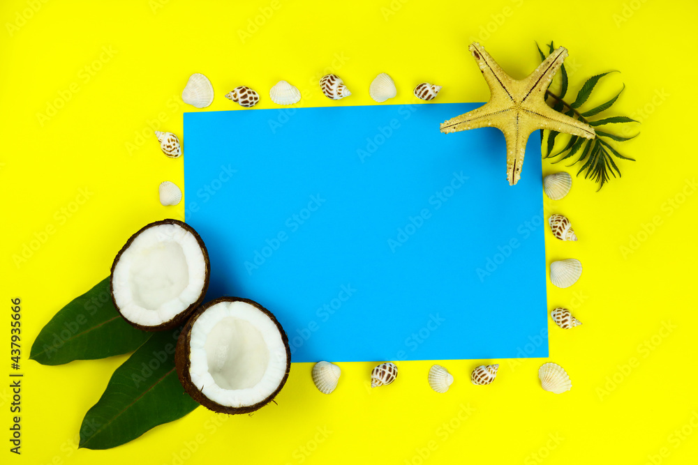 Summer bright mocap, coconut and tropical leaves, vacation concept