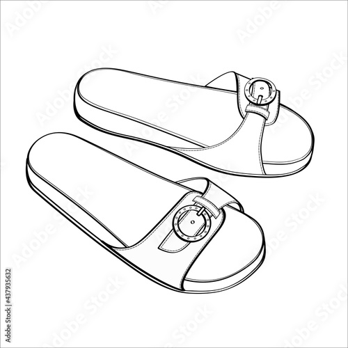 Shoe outline, trend slide. Shoes are a minimalist black linear sketch isolated on a white background. Vector illustration.