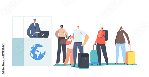 Characters Traveling. Passport Control Worker Check Tourists Documents in Airport. People with Luggage Leaving Country