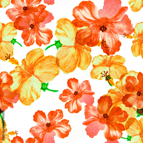 Yellow Hibiscus Garden. Orange Seamless Textile. Autumn Flower Decor. Red Watercolor Set. Pink Pattern Design. Autumn Tropical Texture. Summer Design.