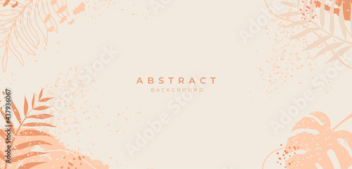 Abstract vector background template.Tropical summer banner.Organic simple shapes, brush and texture.Minimal cover design with botanical palm leaves for wall art,postcard,brochure,fabric,sale on beige