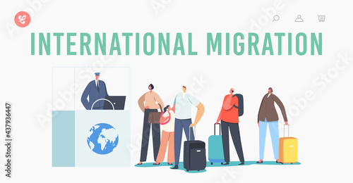 International Migration Landing Page Template. Characters Traveling, Passport Control Worker Check Tourists Documents