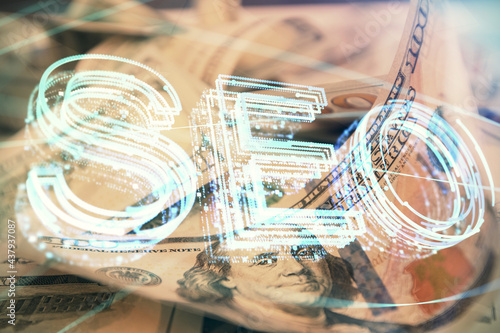 Double exposure of seo drawing over us dollars bill background. Concept of search optimization.