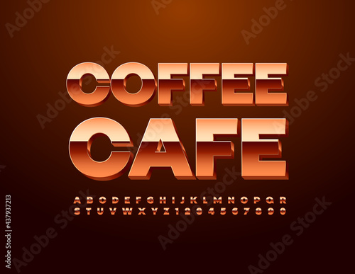 Vector luxury sign Coffee Cafe. Glossy metallic Font. Premium set of Alphabet Letters and Numbers