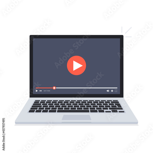 Laptop screen with video player on screen. Computer with mock up live stream window. Notebook with video player. Vector.