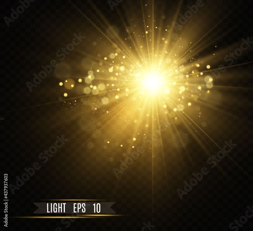 Special lens flash, light effect. The flash flashes rays and searchlight. illust.White glowing light. Beautiful star Light from the rays. The sun is backlit. Bright beautiful star. Sunlight. Glare.	