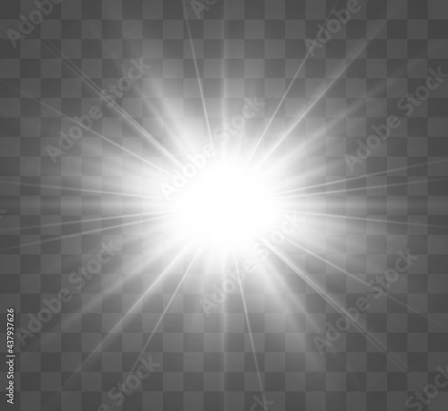 Special lens flash, light effect. The flash flashes rays and searchlight. illust.White glowing light. Beautiful star Light from the rays. The sun is backlit. Bright beautiful star. Sunlight. Glare.	 photo