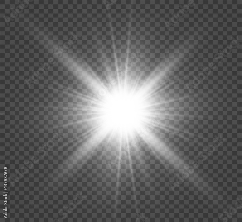 Special lens flash, light effect. The flash flashes rays and searchlight. illust.White glowing light. Beautiful star Light from the rays. The sun is backlit. Bright beautiful star. Sunlight. Glare. 