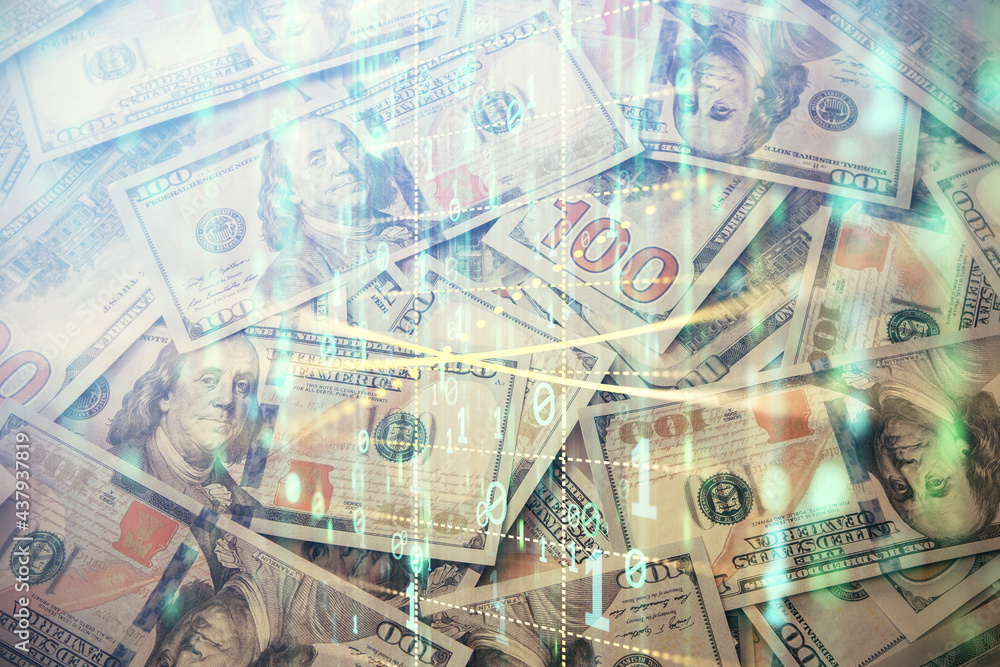 Double exposure of data theme drawing over us dollars bill background. Technology concept. Double exposure of data theme drawing over us dollars bill background. Technology concept.