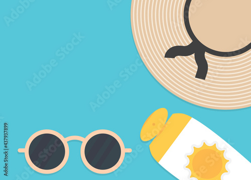summer top view composition with copy space, straw hat, sun cream and sunglasses- vector illustration