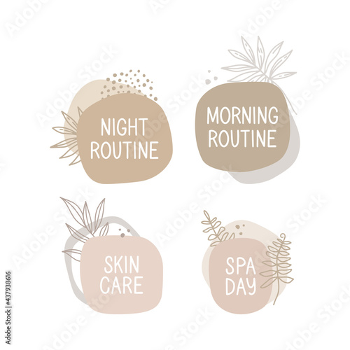 Set of vector illustrations. Design of stickers in a minimalistic style. Lettering on an abstract background with outline plants. Pastel colors. Night and day routine. Spa day, skin care. Beauty icons
