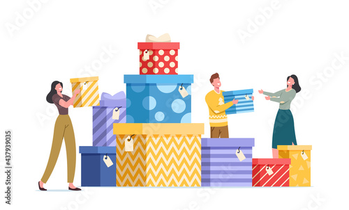 Happy People with Gift Boxes Wrapped with Festive Bow. Male and Female Characters Prepare Presents for Family Boxing Day
