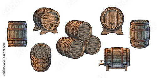 Big vintage set of old wooden barrels for beer, wine, whisky, rum in different positions. Vector illustration.