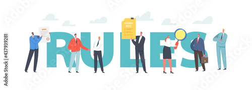 Rules Concept. Characters Read Business Laws, Regulations and Standards, Ethical Practices, Corporate Compliance Terms