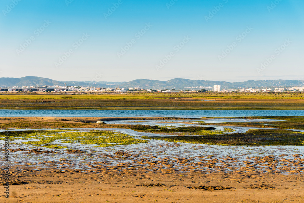 City of Faro seen from Faro Beach Peninsula with wetlands of Ria Formosa in the foreground, Algarve, Portugal