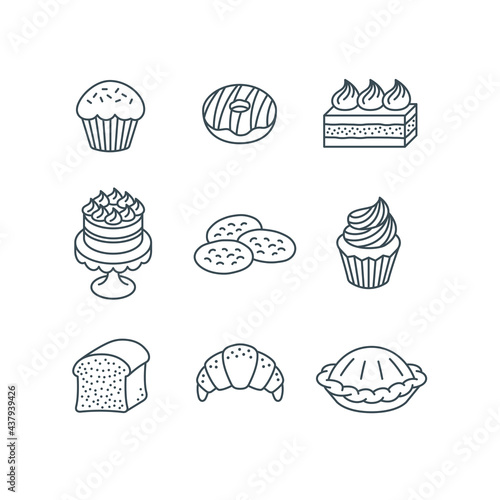 Different pastry items. Sweet dessert food. Simple linear icons of cupcake, donut, cake, cookie, croissant, bread, pie, muffin. Homemade baked goods. Bakery products. Outline pictograms. Sketchy style