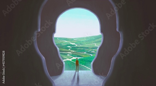 Concept art of nature freedom dream success brain and hope  , ambition idea artwork, surreal painting man with happiness of landscape nature in a door , conceptual illustration