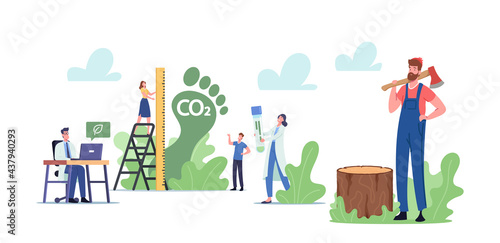 Carbon Footprint. Tiny Characters Measure Co2 Emission Pollution Amount in Air. Dioxide Greenhouse Gases  Climate Change